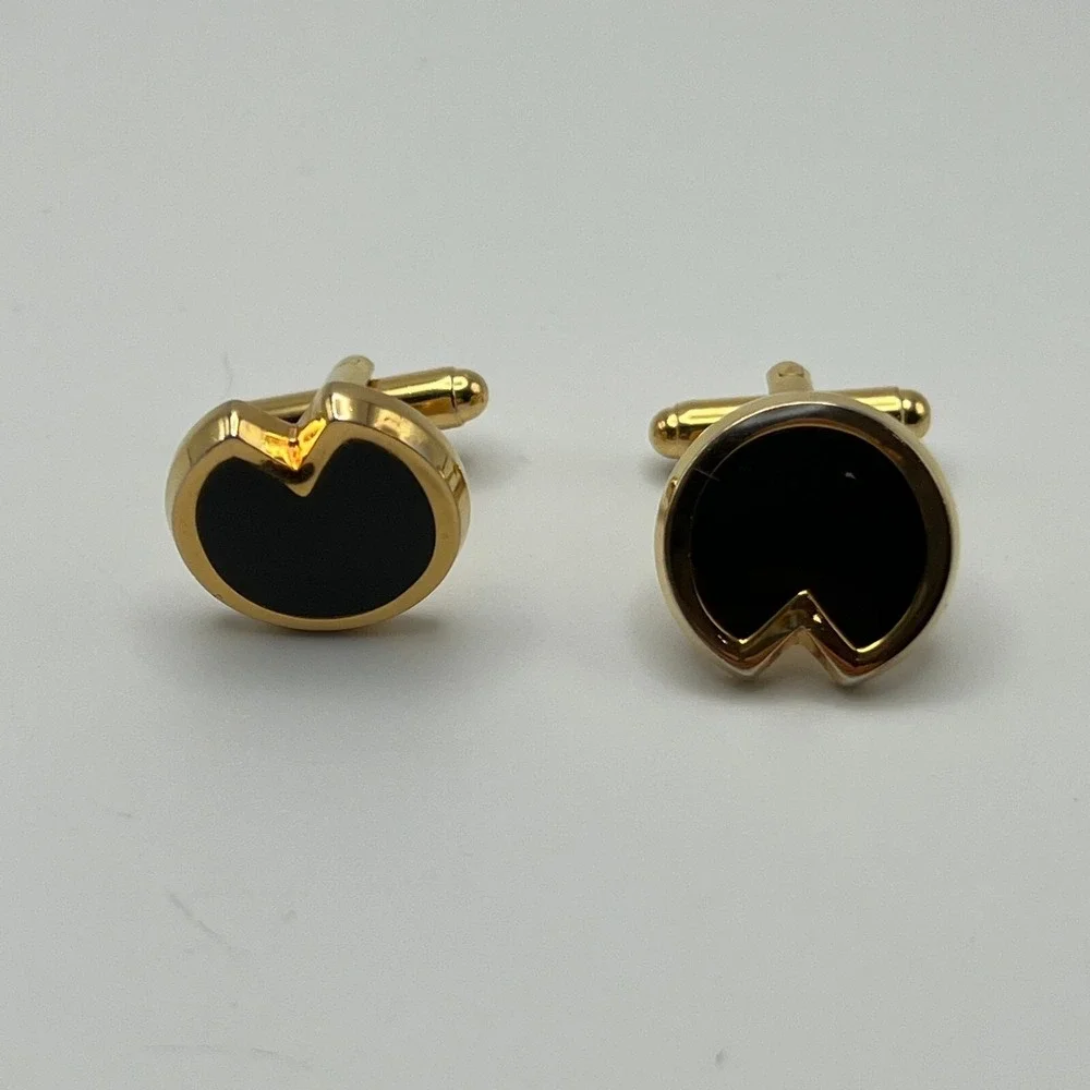 Vintage 80s Cuff Links Art Deco Black Enamel Gold Tone Cuff Studs